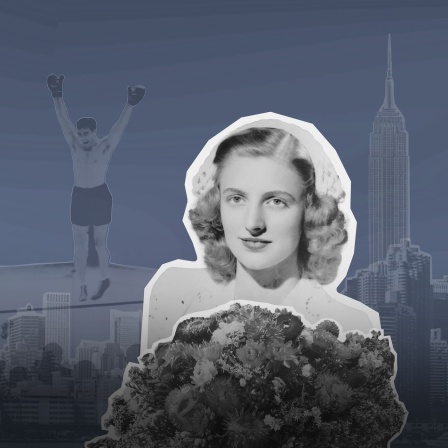 Porträt der Friesin Inge Rickmers bei ihrer Hochzeit und ein Blumenstrauß, dahinter ein jubelnder Boxer und das Empire State Building.