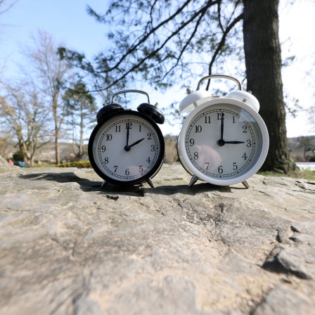 Ein Wecker zeigt zwei Uhr und der andere drei Uhr. Die Uhren werden am Sonntag den 30.03.2025 auf Sommerzeit umgestellt.