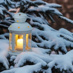 White lantern standing on fir branch in forest. Beautiful winter evening