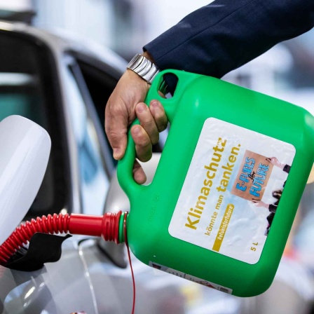 ARCHIV: Benzinkanister mit Aufschrift zu E-Fuel (Bild: picture alliance/dpa)