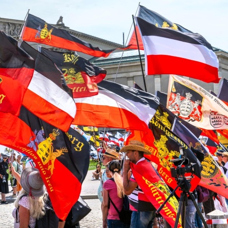 Demonstranten mit Flaggen, die im Grund alle schwarz-weiß-rot oder schwarz-rot gestreift sind und mit unterschiedlichen Symbolen belegt sind.