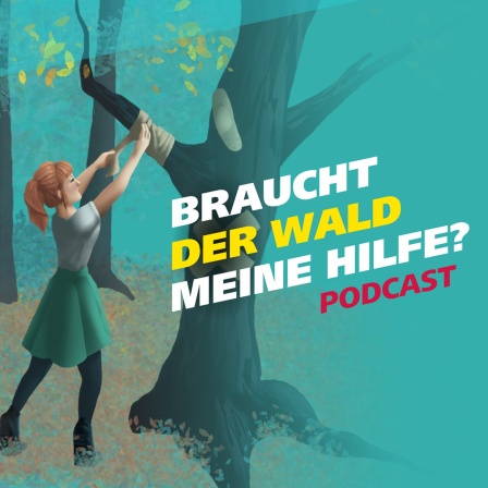 Die Grafik zeigt eine junge Frau, die Pflaster an einen Baum klebt. Daneben steht die Frage: Braucht der Wald meine Hilfe? sowie der Hinweis, dass es sich um einen Podcast handelt.