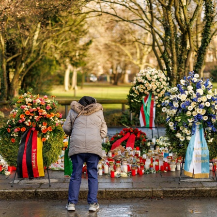 Kränze, Kerzen, Kuscheltiere und Blumen sind im Park Schöntal in Gedenken an die Opfer des tödlichen Messerangriffs abgelegt.