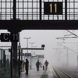 Reisende warten im Nebel auf dem Leipziger Hauptbahnhof.