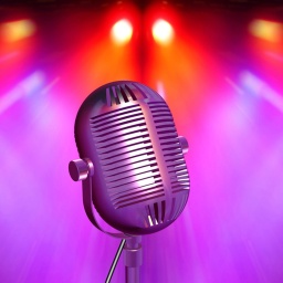 Ein Mikrofon steht in rotem und lila Scheinwerferlicht.