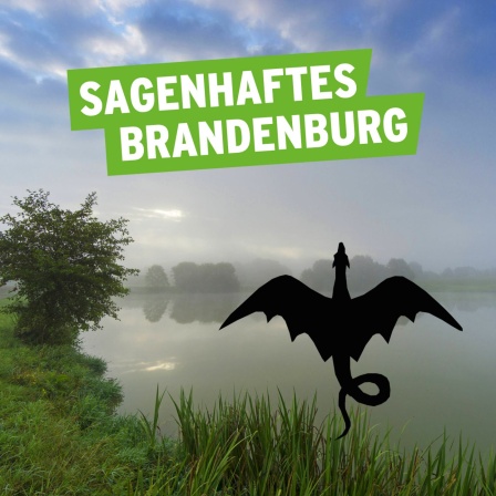Sagenhaftes Brandenburg: Landschaft mit See im Nebel, Silhouette eines Drachen, Foto: imago images / blickwinkel; Antenne Brandenburg