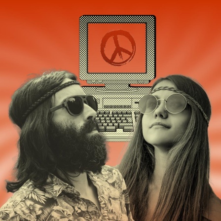 Collage von zwei Hippies mit Sonnenbrille vor der Illustration eines alten Computers, auf dessen Bildschirm ein Peacezeichen zu sehen ist.