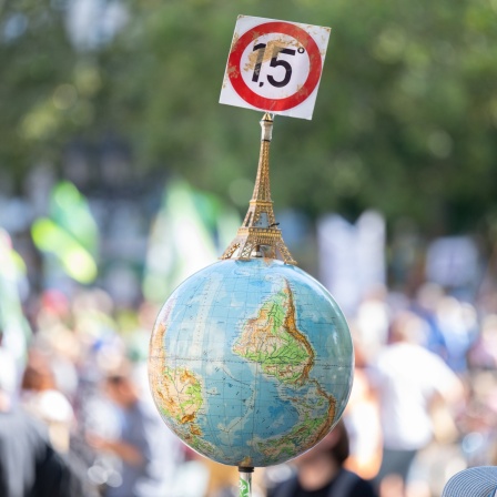 Einen Globus mit einem Miniatur-Eiffelturm und dem 1,5-Grad Ziel des Pariser Klimaschutzabkommens trägt ein Demonstrant bei einem Klimaschutz-Protest.