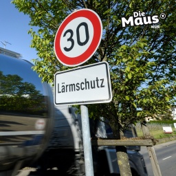 Ein Tempo-30-Schild steht am Straßenrand, darunter heißt es: Lärmschutz