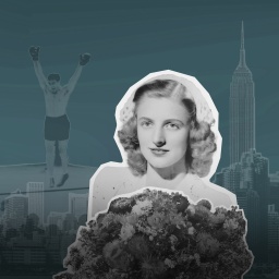 Porträt von Inge Rickmers bei ihrer Hochzeit und ein Blumenstrauß, dahinter ein jubelnder Boxer und das Empire State Building.