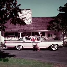 Eine vierköpfige Familie in ihrem Mercury Monterey-Auto auf der Einfahrt ihres Hauses, 1959. Ihr Hund sitzt neben dem Auto.