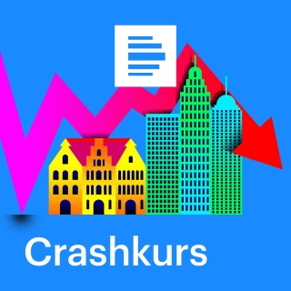 Das Podcast-Logo zeigt einige Häuser, über denen ein Börsenkurs verläuft. Manche der Häuser erinnern an Bankenhochhäuser. Der Börsenkurs endet fallend.