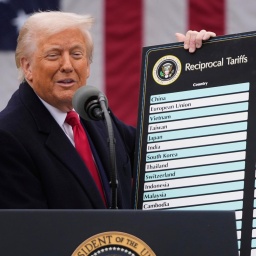 Donald Trump spricht im Gartes des Weißen Hauses über neue Zölle und hält dabei eine Tafel mit den Berechnungen hoch. 
