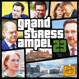 Satirische Fotomontage: Stilisiertes Cover des Computerspiels Grand Theft Auto als Grand Stress Ampel mit Gesichtern von Koalitionspolitiker*innen