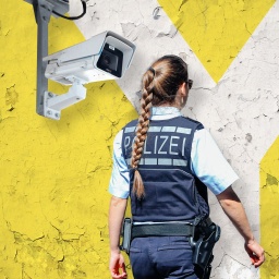 Collage zeigt Rückansicht einer Polizistin und eine Überwachungskamera