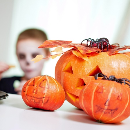 Zwei verkleidete Kinder und Halloween-Kürbisse