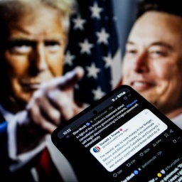 Post von US-Präsident Donald Trump auf einem Smartphone, dahinter Fotos von Trump und Tech-Milliardär Elon Musk. 
