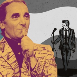 Ein illustriertes Foto von Charles Aznavour, davor kleiner eine Illustration eines Chanson-Sängers