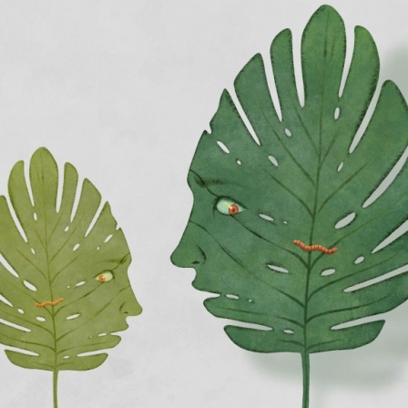 Drei grüne Pflanzen-Blätter mit Gesichtern