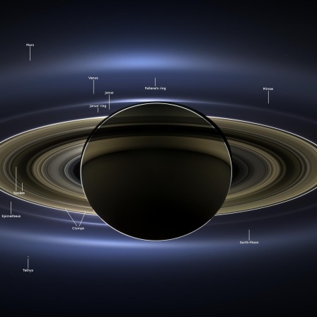 Eine Aufnahme der Raumsonde Cassini, die Erde und Mond fotografiert hat.