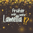 Goldene Glitzerkugeln auf dunklem Hintergrund, darauf Schriftzug "Früher war mehr Lametta!?"