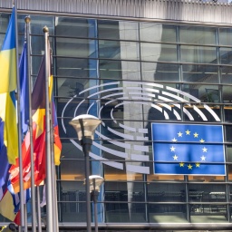 Die Flaggen der europäischen Mitgliedsstaaten wehen vor dem Gebäude des Europäischen Parlaments in Brüssel.