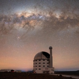 Aufnahme des südafrikanischen Großteleskop SALT vor einem Sternenhimmel