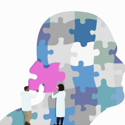 Zwei Ärzte passen ein Puzzlestück im Kopf eines Mannes an
