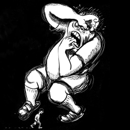 Illustration: Eine Person zeigt Anzeichen von Angst, während eine viel kleinere Person läuft.