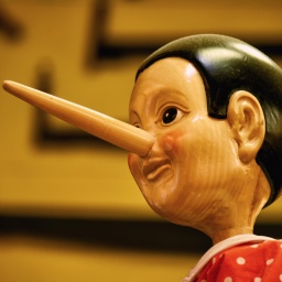 Ein hölzerner Pinocchio vor braunem Hintergrund.