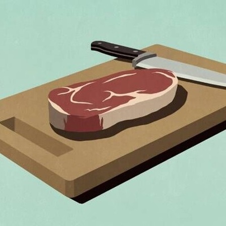 Illustration: Rohes Steak auf einem Schneidebrett mit Messer.