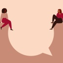 Illustration: Zwei Frauen sitzen sich gegenüber, dazwischen ein Abgrund in Sprechblasenform.