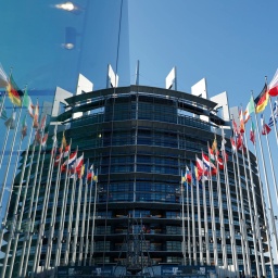 Die Flaggen der europäischen Länder wehen am Europäischen Parlament.