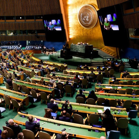 Wolodymyr Selenskyj, Präsident der Ukraine, spricht auf der 77. Sitzung der Generalversammlung der Vereinten Nationen im Hauptquartier der Vereinten Nationen.