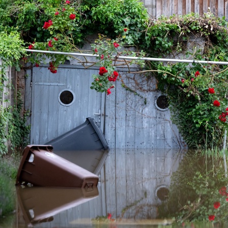 Die Einfahrt zu einer Garage samt Garten ist vom Wasser überflutet. 