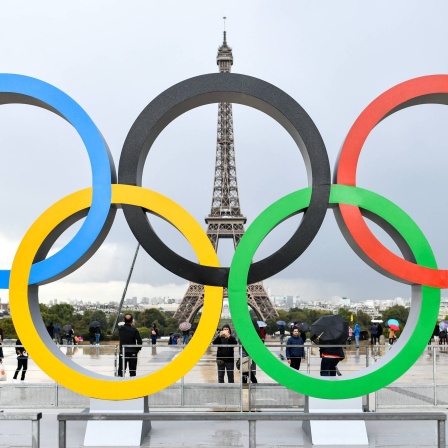 Olympics Rings at the place of Honor in front of the Eiffel tower at the Trocadero s place, in Paris, France