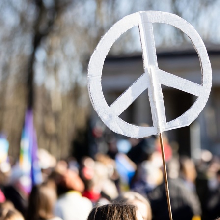 Ein selbstgebasteltes Schild mit einem Peace-Zeichen, das bei einer Demonstration in die Höhe gehalten wird