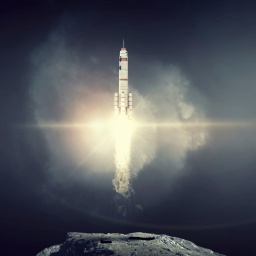 Eine Rakete startet vom Mond aus.