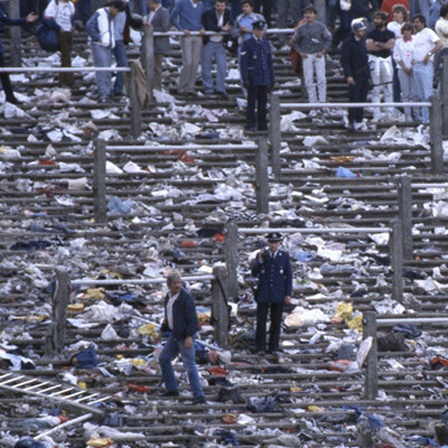 Verwüstete Tribuene nach den Krawallen im Brüsseler Heyselstadion; Am Rande des Fussballspiels Juventus Turin - FC Liverpool 1:0, Europapokal der Landesmeister, 29.05.1985