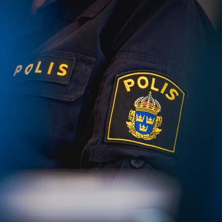Polizeiabzeichen auf der Uniform der schwedischen Polizei.