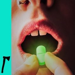 Knallhart Banner: Eine leuchtende Pille wird vor einen Mund gehalten. 
