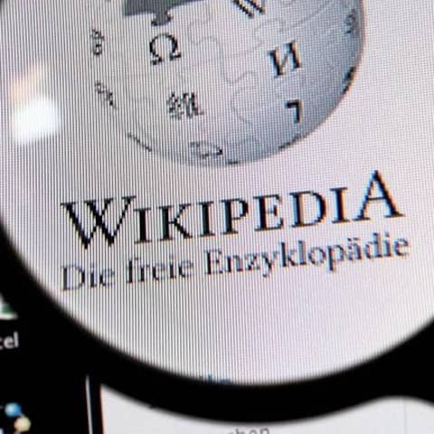 Unter einer Lupe ist der Schriftzug und das Logo des Online-Lexikons Wikipedia auf einem Computerbildschirm zu sehen.