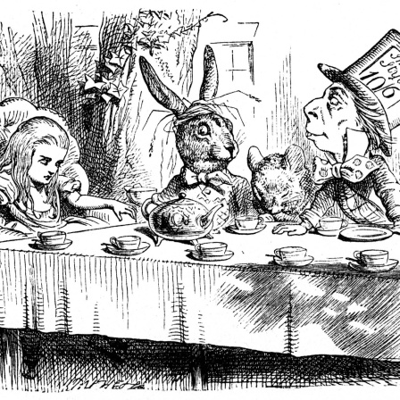 Die Teeparty des verrückten Hutmachers. Illustration von John Tenniel für Alice&#039;s Adventures in Wonderland von Lewis Carroll (London, 1865)