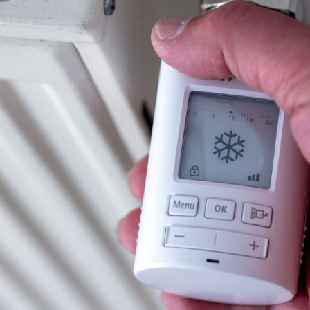 Digitales Thermostatventil an einer Heizung, das Display zeigt das Symbol einer Schneeflocke