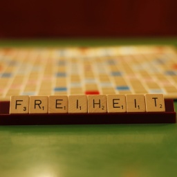 Auf einem Bänkchen des Spieleklassikers Scrabble liegen die Steine so angeordnet, dass sich das Wort "Freiheit" ergibt. Im Hintergrund ist unscharf das Spielbrett zu erkennen.