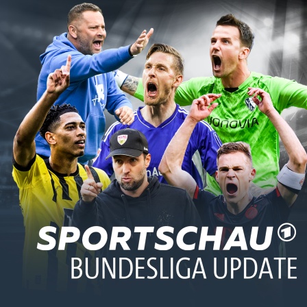 Grafik des "Sportschau Bundesliga Update"-Podcasts mit Jude Bellingham (v. l.), Pal Dardai, Sebastian Hoeneß, Sebastian Polter, Manuel Riemann und Joshua Kimmich. 