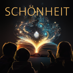 Drei Kinder und eine Ratte sitzen vor einem leuchtenden Buch – darüber das Wort „Schönheit“