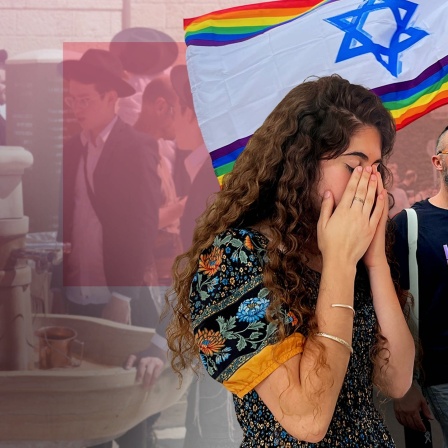Collage: Frau und Mann demonstrieren, israelische Flagge und Regenbogenfarben