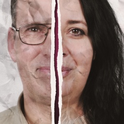Zwei montierte Gesichtshälften vor zerknittertem Papier-Hintergrund: Luiza und Andreas (2. Staffel) 