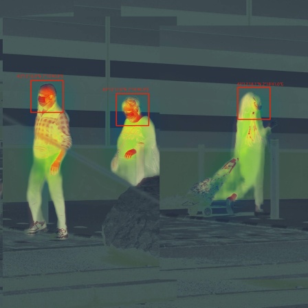 Eine Wärmebildaufnahme von vier Personen durch eine App mit einer Tracking Funktion, welche die Kooprdinaten der Personen anzeigt.